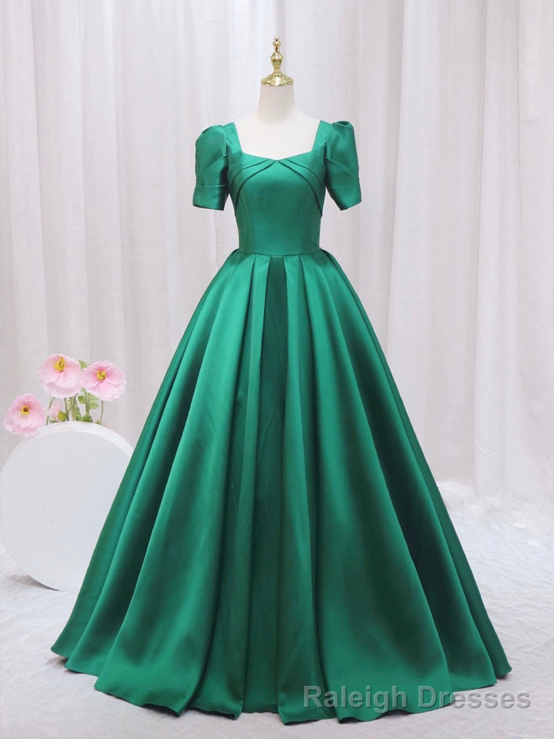 Green Satin Floor Length Prom Dress, Green Short Sleeve Evening Dress Main image