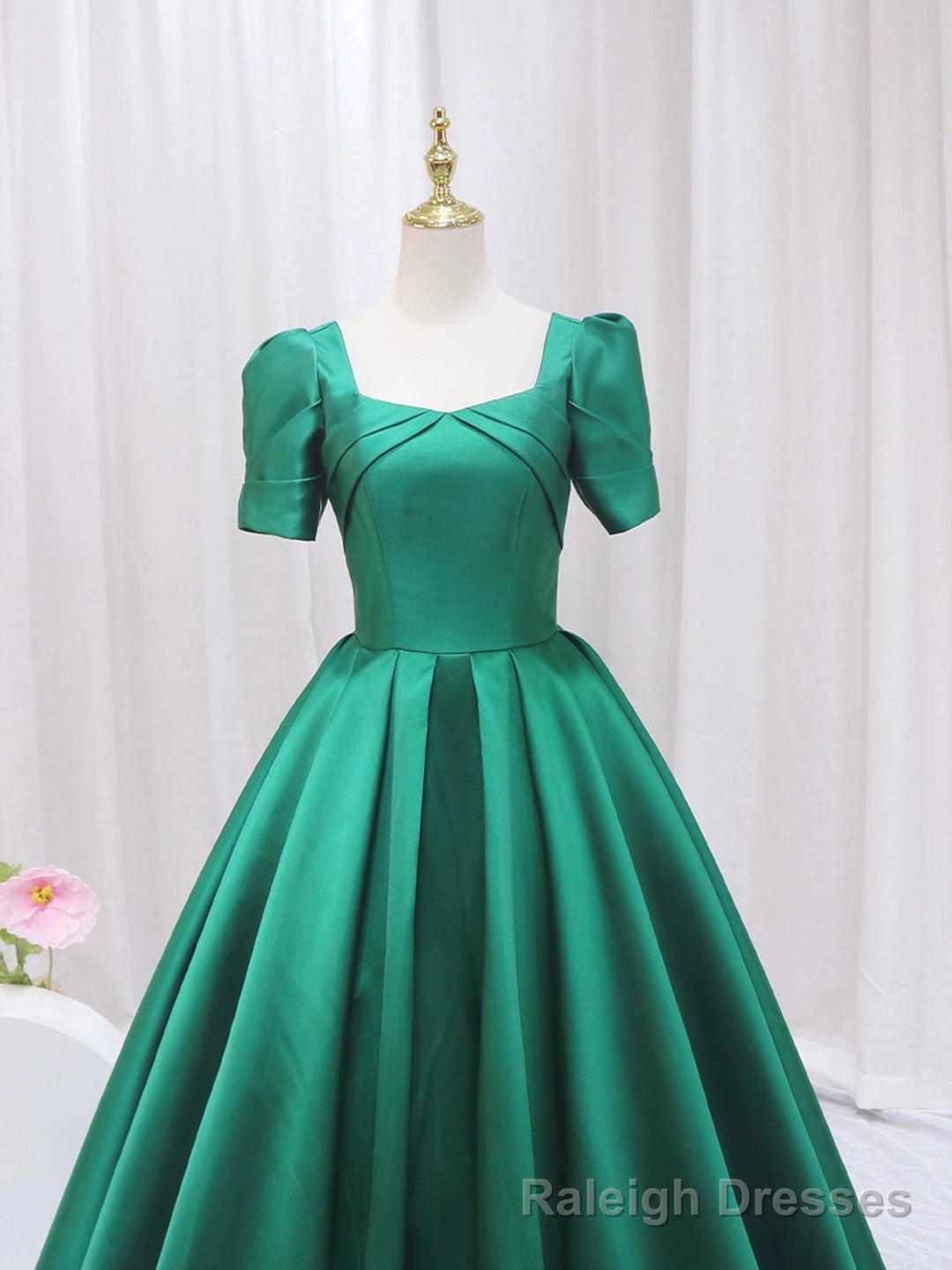 Green Satin Floor Length Prom Dress, Green Short Sleeve Evening Dress Secondary image