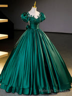 Green Satin Lace Floor Length Formal Dress, Short Sleeve A Line Prom Dress