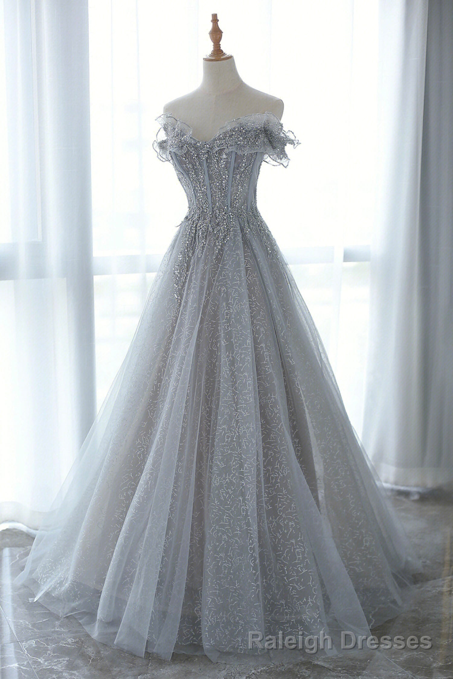 Gray Tulle Sequins Long Prom Dress, Off the Shoulder Evening Dress Main image