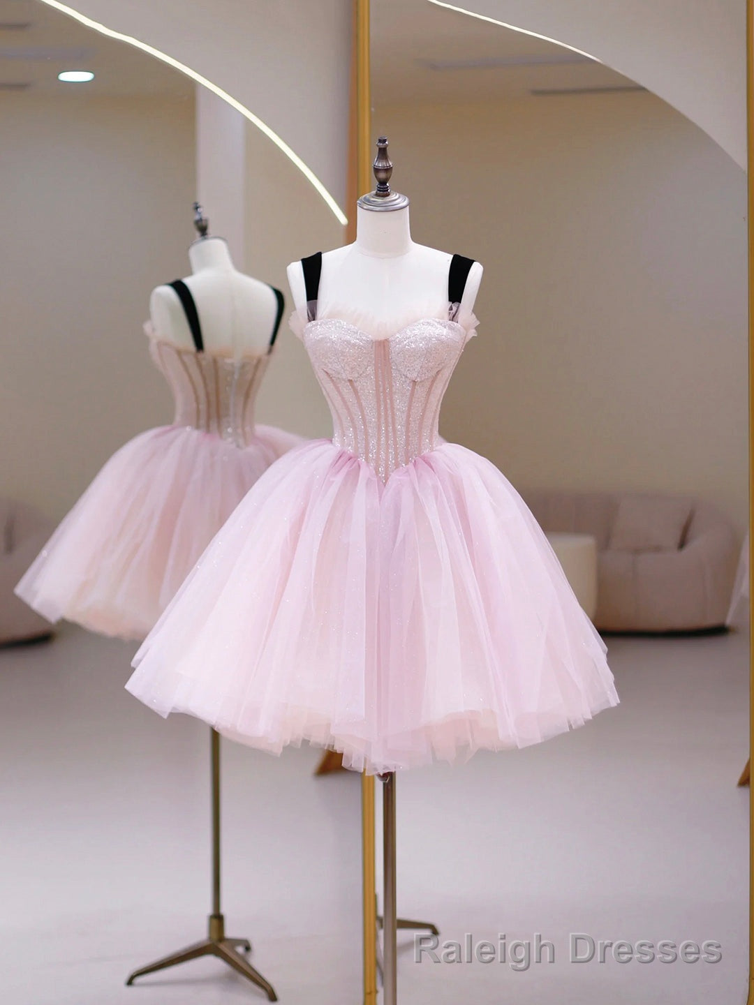 Pink Tulle Sequins Sweetheart Short Prom Dress, Pink Straps Prom Dress Secondary image