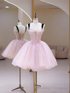 Pink Tulle Sequins Sweetheart Short Prom Dress, Pink Straps Prom Dress
