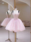 Pink Tulle Sequins Sweetheart Short Prom Dress, Pink Straps Prom Dress