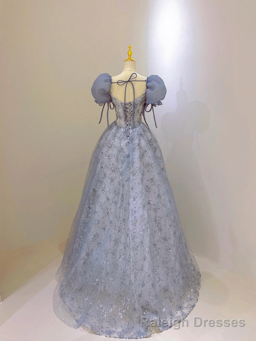 Blue Tulle Lace Long Prom Dress, Beautiful Short Sleeve Evening Dress Secondary image