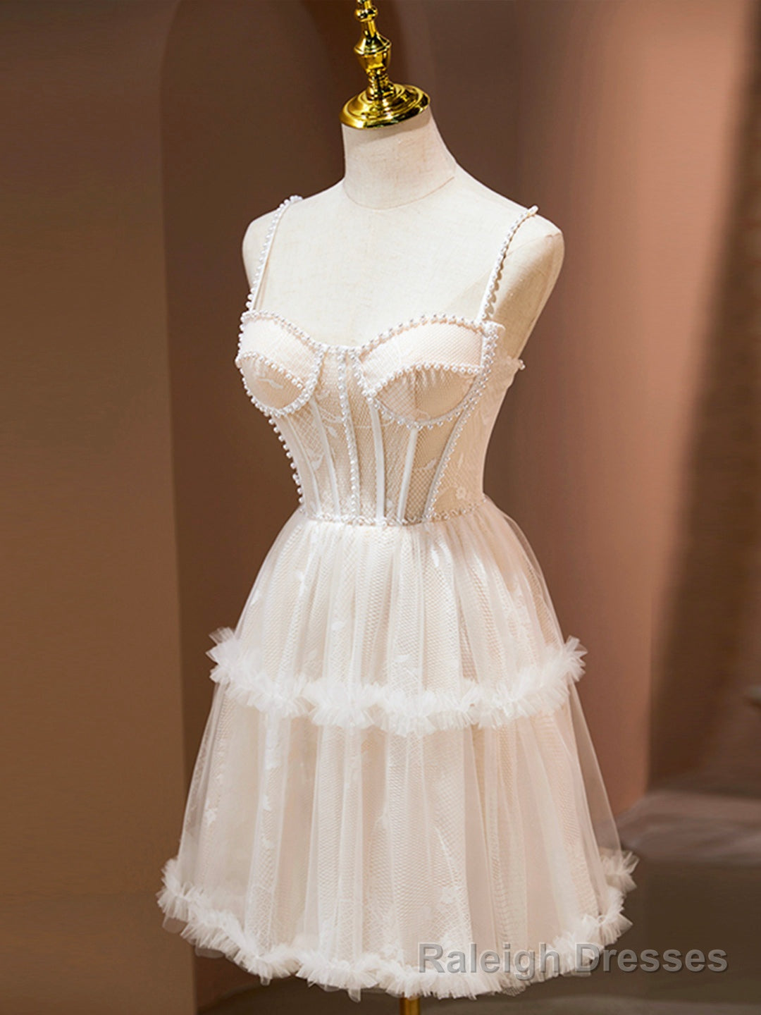 Champagne Spaghetti Strap Party Dress, Cute A-Line Evening Dress with Pearls Main image