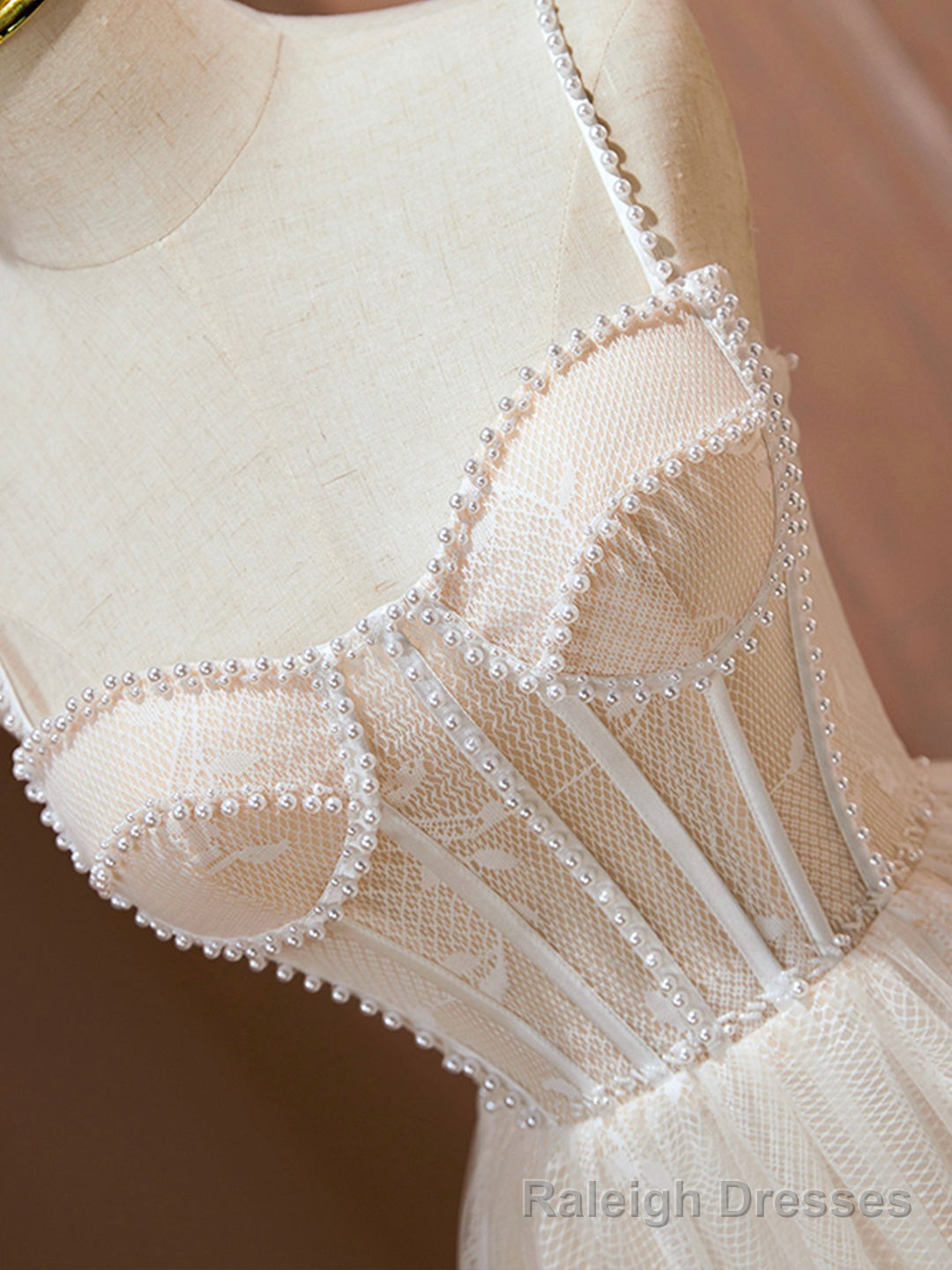 Champagne Spaghetti Strap Party Dress, Cute A-Line Evening Dress with Pearls Secondary image