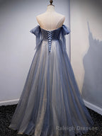 Blue Sweetheart Tulle with Lace Prom Dress, Blue Long Formal Dress