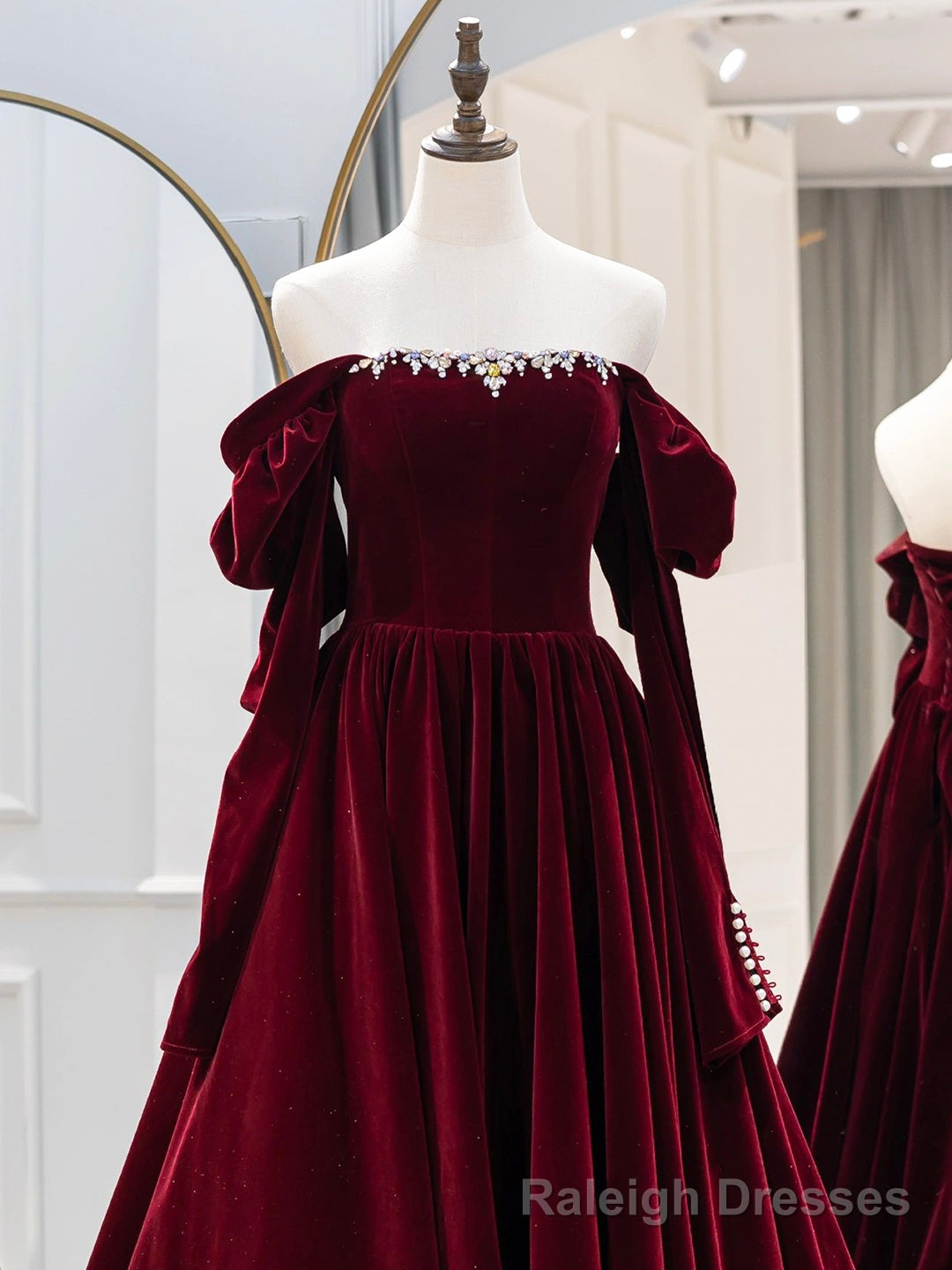 Burgundy Velvet Long Formal Dress, Elegant Long Sleeve A-Line Prom Dress Secondary image