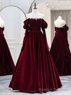 Burgundy Velvet Long Formal Dress, Elegant Long Sleeve A Line Prom Dress