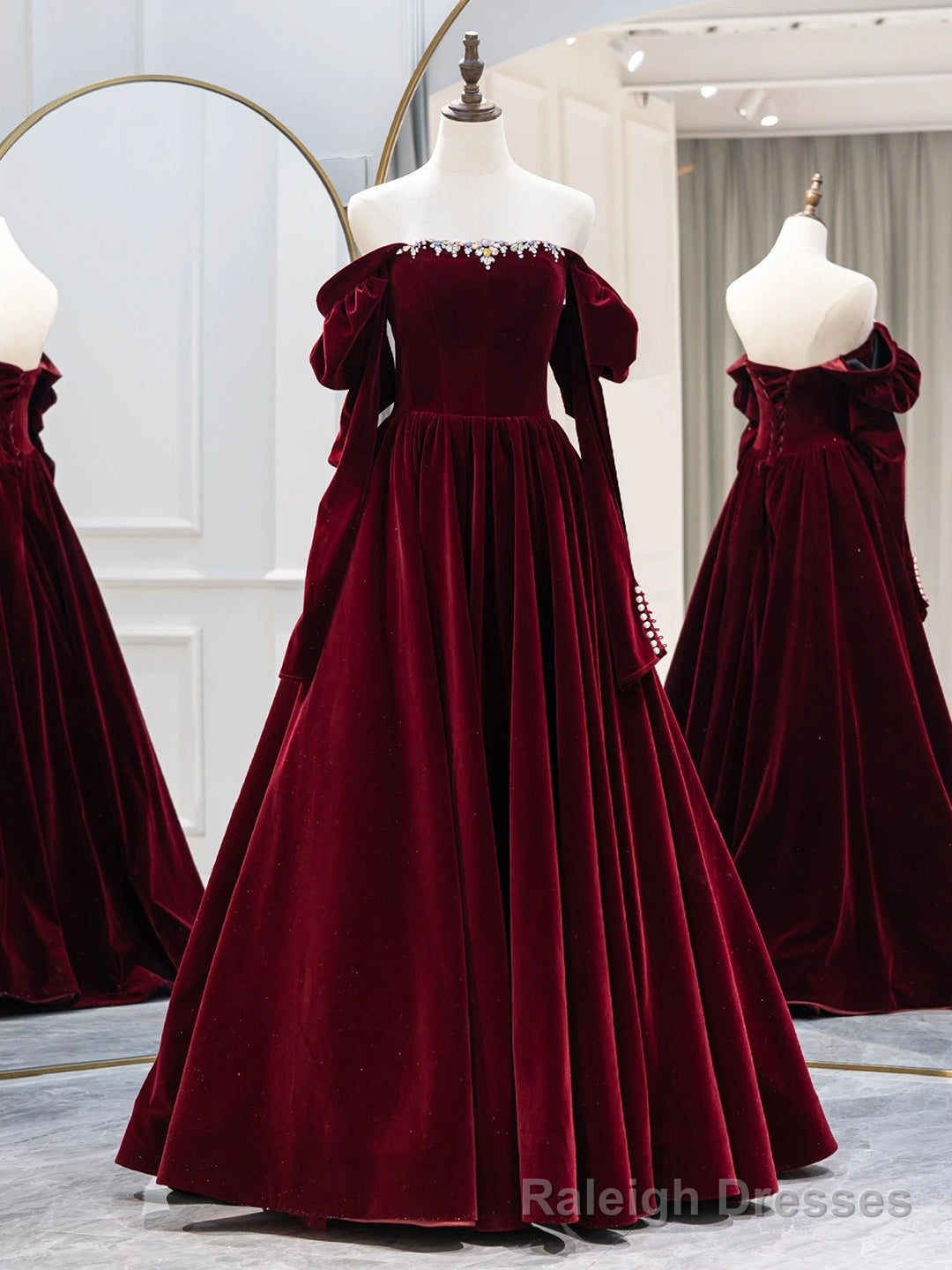 Burgundy Velvet Long Formal Dress, Elegant Long Sleeve A Line Prom Dress