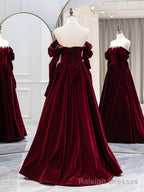 Burgundy Velvet Long Formal Dress, Elegant Long Sleeve A Line Prom Dress