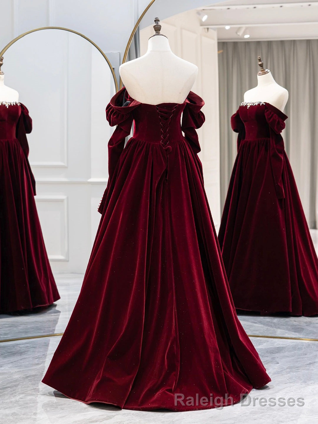 Burgundy Velvet Long Formal Dress, Elegant Long Sleeve A Line Prom Dress
