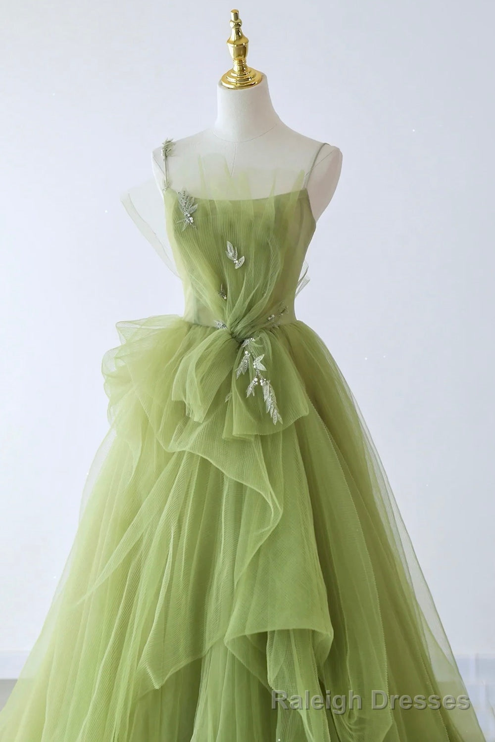 Green Spaghetti Strap Tulle Long Formal Evening Dress, Green A-Line Prom Dress Secondary image