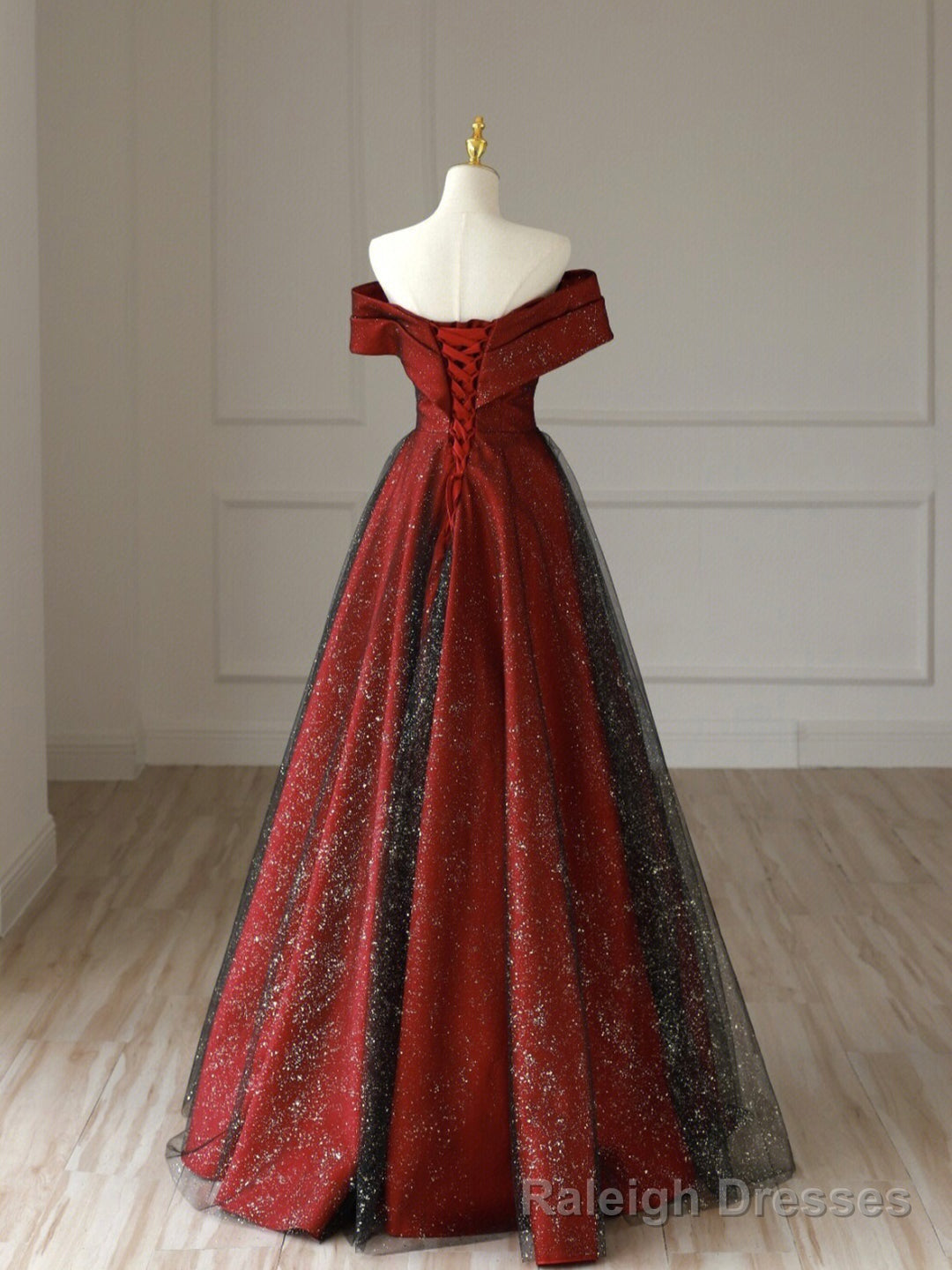 Burgundy Satin Long V-Neck Prom Dress, Off the Shoulder Party Dress Secondary image