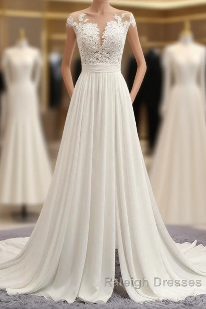 Long A Line Appliques Lace Chiffon Wedding Dresses with Slit