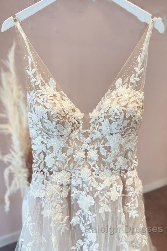 Long A Line Appliques Lace Spaghetti Straps Sweetheart Tulle Wedding Dress