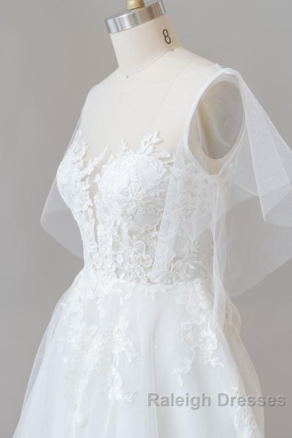 Long A Line Appliques Lace Tulle Wedding Dresses with Sleeves