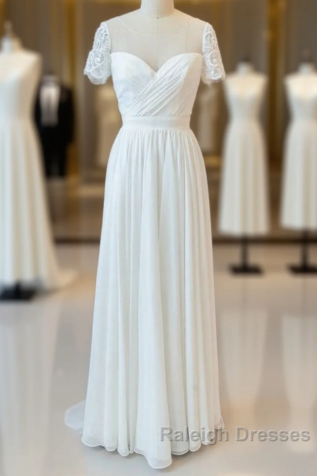 Long A Line Chiffon Backless Wedding Dresses with Sleeves Main image
