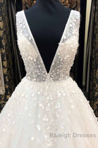 Long A Line Deep V Neck Tulle Wedding Dresses