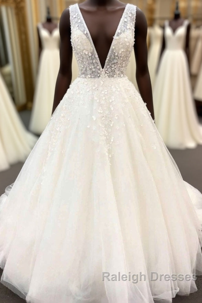 Long A Line Deep V Neck Tulle Wedding Dresses Main image