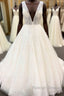 Long A Line Deep V Neck Tulle Wedding Dresses