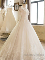 Long A Line Off Shoulder Court Train Lace Tulle Wedding Dress with Sleeves