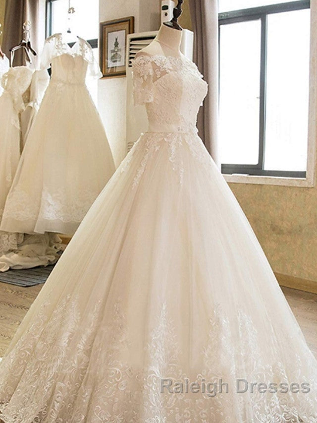 Long A Line Off Shoulder Court Train Lace Tulle Wedding Dress with Sleeves