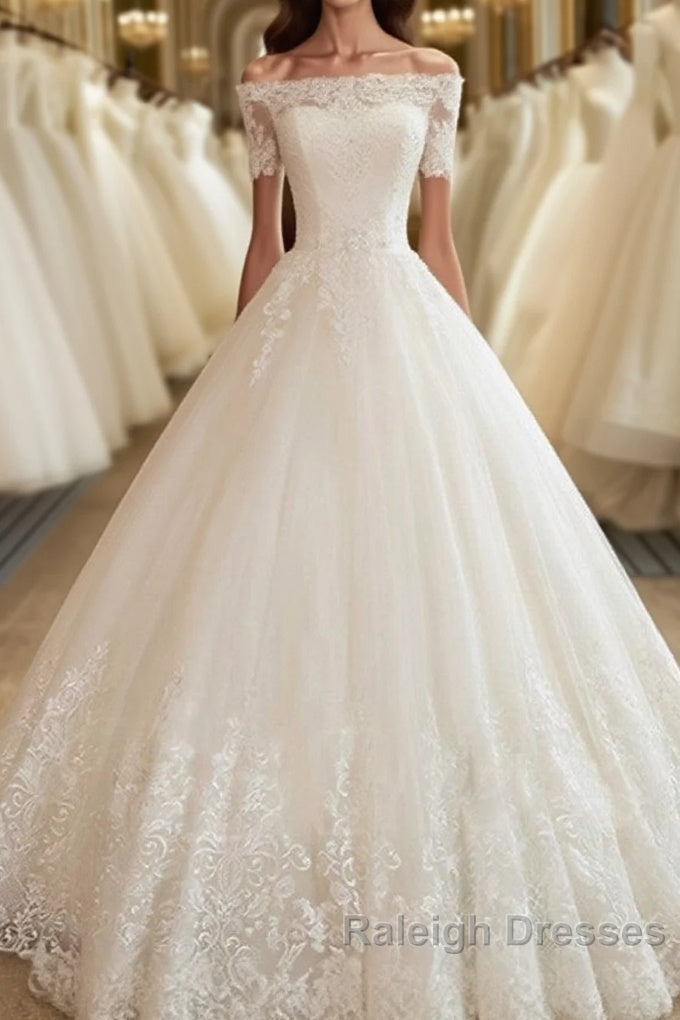 Long A-line Off Shoulder Court Train Lace Tulle Wedding Dresses with Sleeves Main image