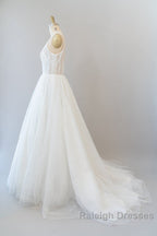 Long A-line Open Back Sequins Tulle Backless Wedding Dress