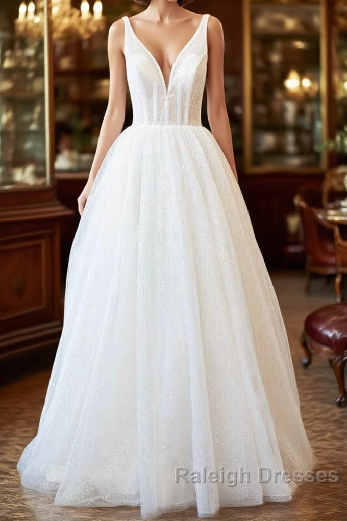 Long A Line Open Back Sequins Tulle Backless Wedding Dresses Main image