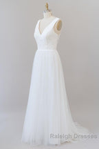 Long A Line Open Back V Neck Lace Tulle Wedding Dresses