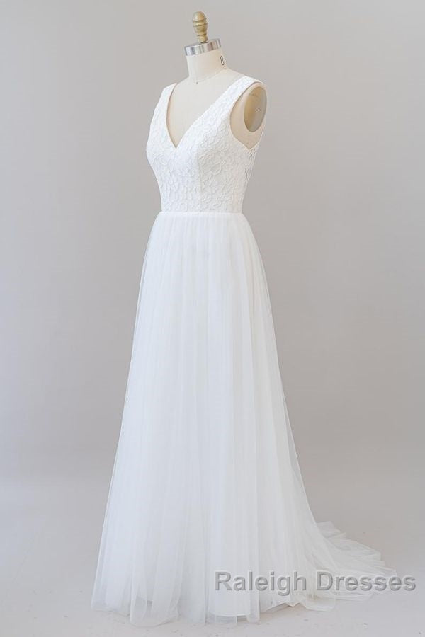 Long A Line Open Back V Neck Lace Tulle Wedding Dresses