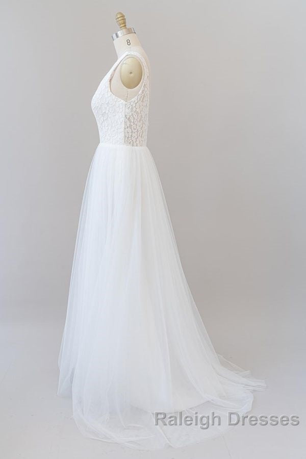 Long A Line Open Back V Neck Lace Tulle Wedding Dresses