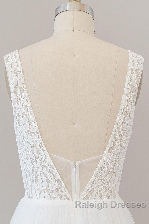 Long A Line Open Back V Neck Lace Tulle Wedding Dresses