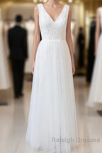 Long A Line Open Back V Neck Lace Tulle Wedding Dresses