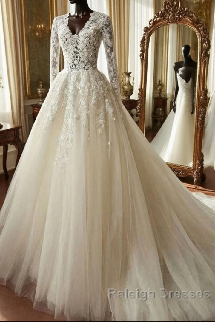 Long A-line Organza Lace Wedding Dresses with Sleeves