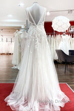Long A-line Sleeveless Tulle Lace Appliques Open Back Wedding Dresses