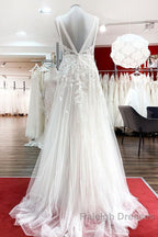 Long A Line Sleeveless Tulle Lace Appliques Open Back Wedding Dress