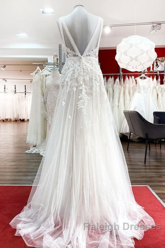 Long A Line Sleeveless Tulle Lace Appliques Open Back Wedding Dress