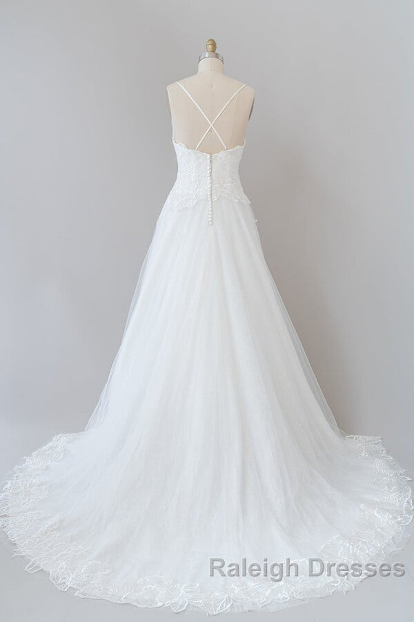 Long A Line Spaghetti Strap Applique Tulle Backless Wedding Dresses