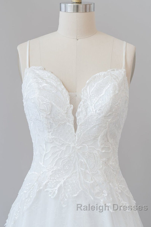 Long A Line Spaghetti Strap Applique Tulle Backless Wedding Dresses