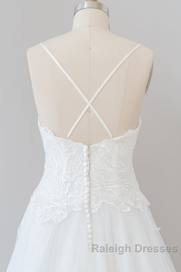 Long A Line Spaghetti Strap Applique Tulle Backless Wedding Dresses