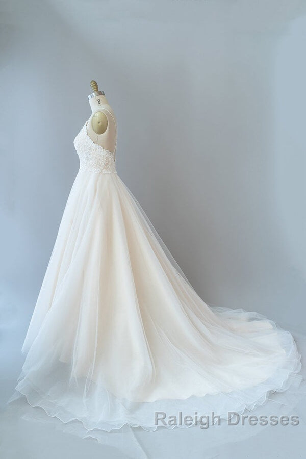 Long A Line Spaghetti Strap Lace Tulle Backless Wedding Dresses