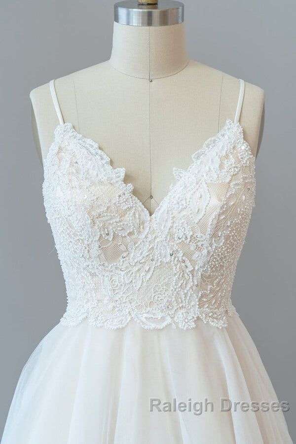 Long A Line Spaghetti Strap Lace Tulle Backless Wedding Dresses