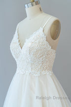 Long A Line Spaghetti Strap Lace Tulle Backless Wedding Dresses