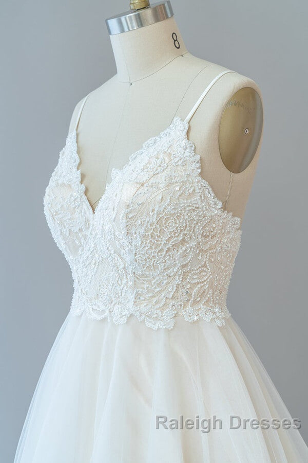 Long A Line Spaghetti Strap Lace Tulle Backless Wedding Dresses