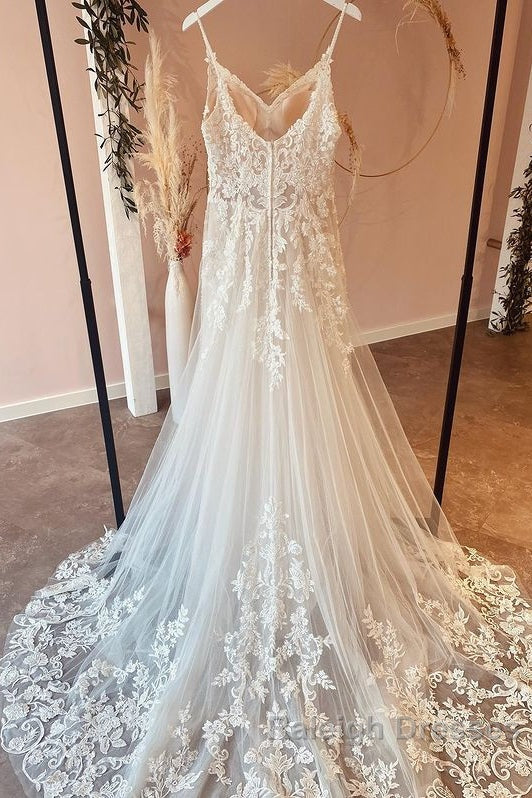 Long A Line Spaghetti Straps Sweetheart Appliques Lace Tulle Wedding Dresses Secondary image