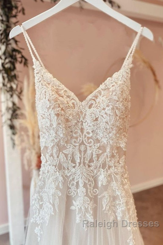 Long A Line Spaghetti Straps Sweetheart Appliques Lace Tulle Wedding Dresses