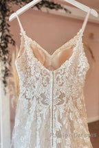 Long A Line Spaghetti Straps Sweetheart Appliques Lace Tulle Wedding Dresses