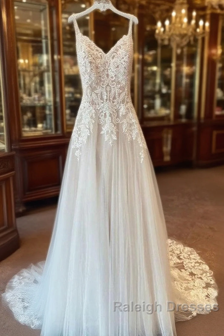 Long A-Line Spaghetti Straps Sweetheart Appliques Lace Tulle Wedding Dress Main image